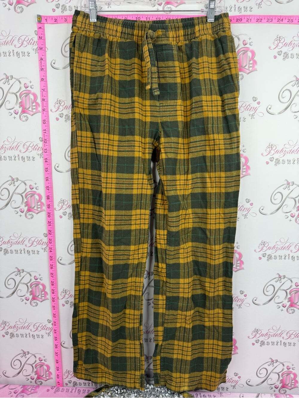 Eddie Bauer Mustard Yellow and Olive Green Plaid Drawstring Joggers